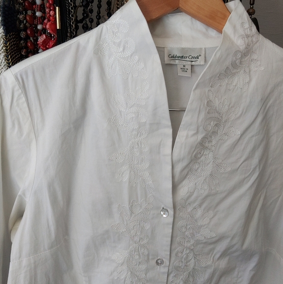 Final Sale - White embroidered button down cotton with stretch - Picture 2 of 9